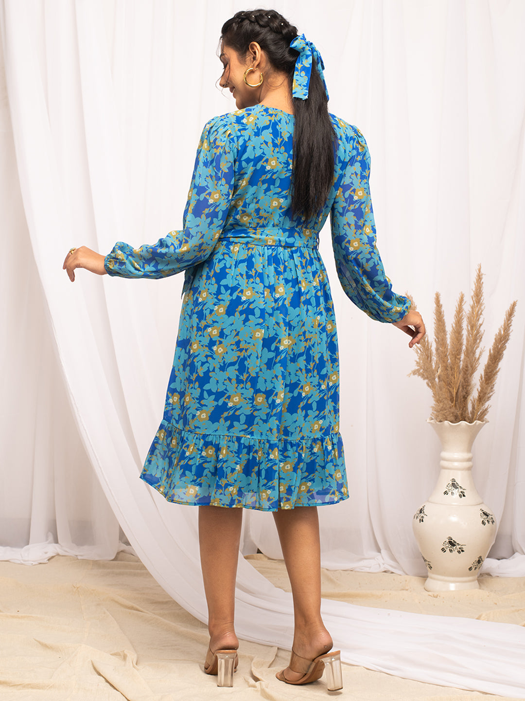 FIORRA Women's Sky Blue Georgette Floral Printed  Dress